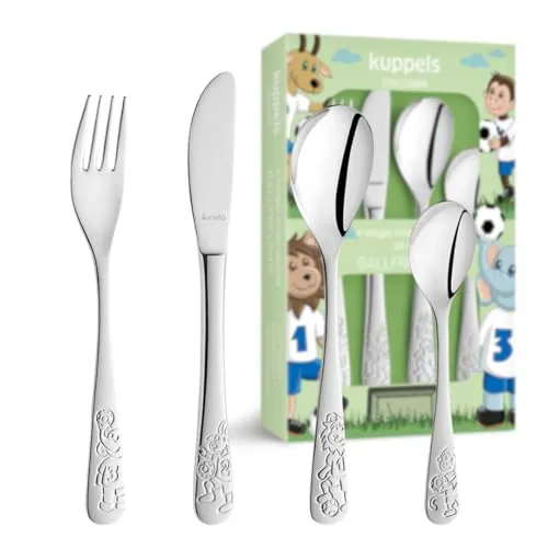 Kuppels Kinder-Besteck-Set Fußballfreunde | 4-teilig | Edelstahl rostfrei | Geprägtes Kinderbesteck ab 3 Jahre für Junge und Mädchen | Kindermesser, Kindergabel, Kinderlöffel und Kinderteelöffel
