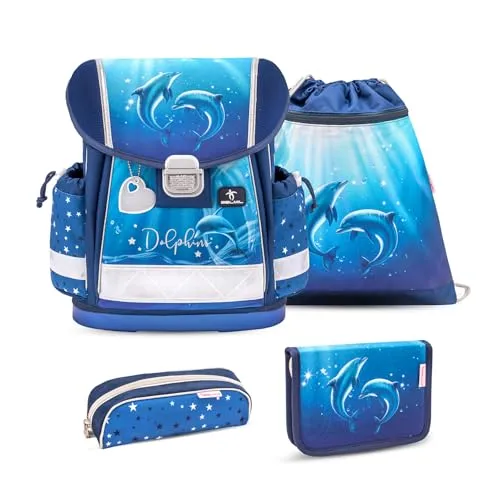 Belmil Schulranzen Set Delfin für Mädchen - 4-teilig - Schulranzen Set mit Delfin-Design, ideal für die 1. Klasse. Enthält Ranzen, Sportbeutel, Schlamper und Schüleretui. Leicht, mit Brustgurt und in fröhlichem Blau.