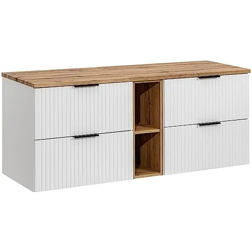 Lomadox Waschbeckenschrank ADELAIDE-56-WHITE - Moderne Waschbeckenunterschränke mit 2 Fächern und 4 Schubladen, bietet viel Stauraum und ist mit eleganter LED-Beleuchtung ausgestattet.