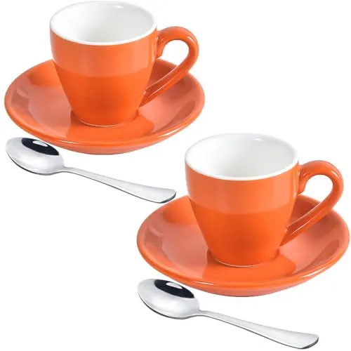 ionEgg Set mit 2 Espressotassen aus Porzellan mit Untertasse und Mini-Löffeln aus Edelstahl, 80 ml, orange