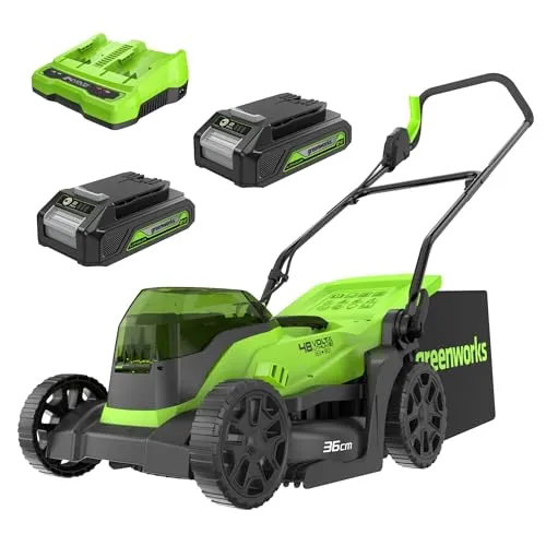 Greenworks 48V (24V x 2) Akku-Rasenmäher 36cm Schnittbreite bis zu 200m² 40L Grasfangkorb mit 2x 24V 2Ah Akku und Doppelsteckplatz-Ladegerät, 3 Jahre Garantie,GD24X2LM36K2x