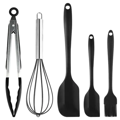 teiliges Silikon Küchenhelfer Set - Kochutensilien 28 cm - Lebensmittelechter Silikon - Hitzebeständig, Antihaft, Leicht zu reinigen - Für Kochen, Braten (Schwarz) 5