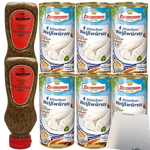 Zimmermann 24 Münchner Weißwürste (6x530g Dose) + Händlmaier Süßer Senf 2x225ml + usy Block