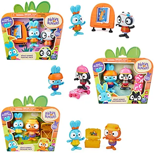 Brave Bunnies Basic Figuren Sets, 3er Packs, jeweils mit 1 Hasenfigur, 1 Tierfigur, 1 Zubehörteil, Malen, Skateboard oder Schatzsuche