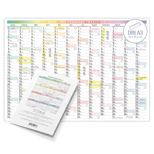 TOBJA A3 Wandkalender 2026 Jahresplaner mit großen Feldern | Buntes Design | DIN A3 (42x29,7 cm) | FSC-zertifiziert | Wandkalender für Büro & Homeoffice | Planer für Termine & Feiertage