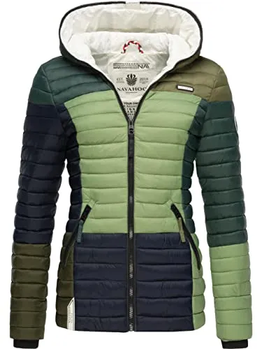 Navahoo Damen Übergangsjacke Colorblocking - Leichte Steppjacke mit Kapuze - Funktionsjacken: Taillierte, wasserabweisende Steppjacke im modischen Colorblocking-Design, ideal für den Frühling und Herbst, sorgt für hohen Tragekomfort und eine tolle Figur.
