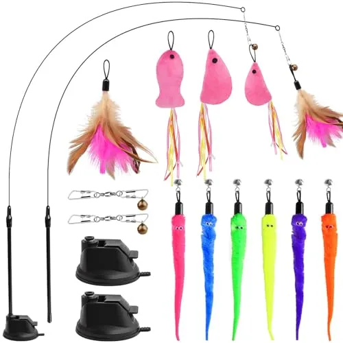 Interaktives Katzenspielzeug Angel mit Feder- Intelligenz Spielzeug für Katzen Federspielzeug Mit Saugnapf für Kitten SelbstbeschäFtigung (13 STK Feder/Maus/Fisch)