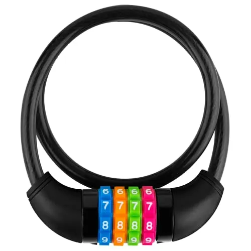 GOLDPOOL Fahrradschloss Kinder, Farbenfroh Zahlenschloss Fahrrad, Schwarz Fahrradschloss mit Zahlen 650X11 mm, Kabel Schloss Code Kombination, Kinderfahrradschloss 4-Stellige Rücksetzbare Kombination