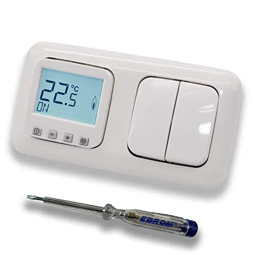 Halmburger Raumthermostat Raumtemperaturregler ERD-1Urg DIGITAL in Busch Jäger Reflex SI alpinweiß mit Serienschalter 2000/US + EBROM Phasenprüfer zur Montage der Geräte ERD-1U (rg) Fußbodenheizung