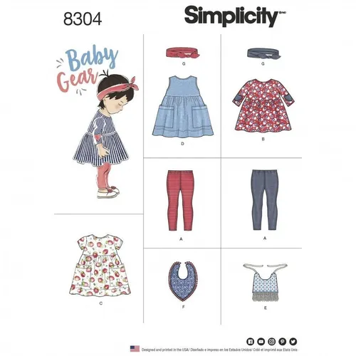 Simplicity 8304 Leggings Top Kleid Lätzchen Kopfband Baby Nähmuster Größen XXS