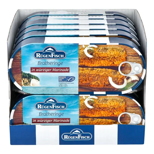 Rügenfisch Bratheringe in Marinade 500 g - 12er Pack - Lebensmittel Vorratspacks mit köstlichen Bratheringen in Marinade, die jeden Bissen zu einem kulinarischen Highlight machen. Genießen Sie den Geschmack des Meeres direkt bei Ihnen zu Hause!