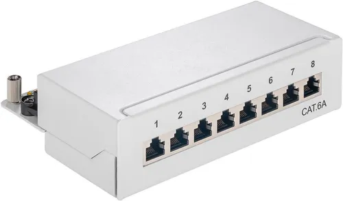 Goobay 62063 CAT 6a Mini Desktop-Patchpanel, 8 Port, Grau - Praktisches 8-Port Mini Desktop-Patchpanel in Grau für einfache Montage ohne Werkzeug. Ideal für die Organisation von Netzwerkkabeln und sorgt für eine zuverlässige Verbindung.