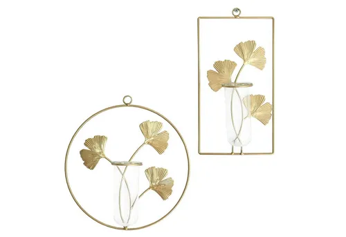 Starhome Wanddekoobjekt Orient 2er Set aus Metall und Glas. Metalldeko gold für Wand (2er Set, 2 Stück (je 1x Rechteck und Rund), Modern, Wandvase, Blumenampel, innen, Metall, vergoldet