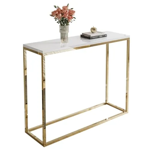 Lookway Konsolentisch MODERN mit Hochglanz-Platten auf goldverchromtem Gestell, Beistelltisch/Flurtisch, 80 oder 100 cm breit (Weiß Hochglanz, Breite: 100 cm)
