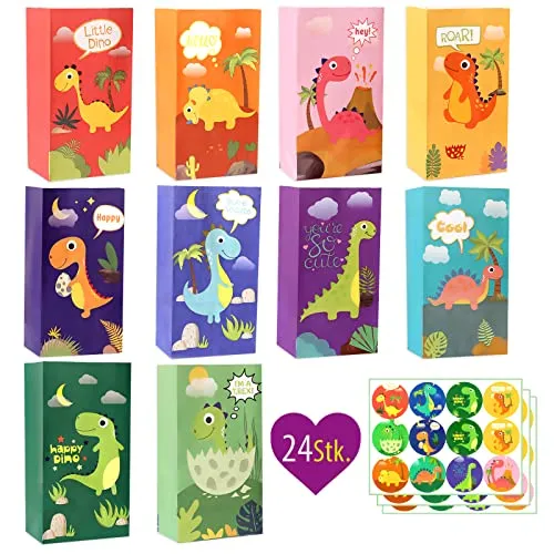 Stück Dino Geschenktüten Kindergeburtstag | Dinosaurier Papiertüten Partytüten Geburtstagstüten | Geschenk Mitgebsel Tüten Kraftpapier | Geschenkverpackung Geburtstagsparty | 24 Aufkleber 24
