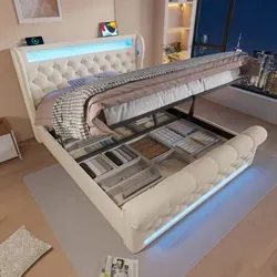 MODFU Jugendbett mit Matratze 140x200 Polsterbett Kinderbett mit Bettkasten und Stauraum-Kopfteil,Einzelbett Bettgestell mit LED&USB- und Typ-C-Anschl - Beige