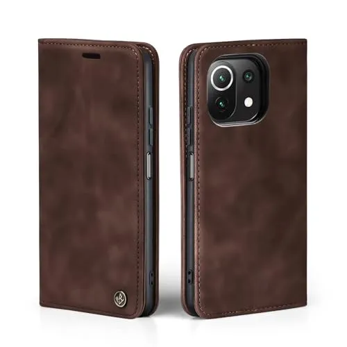 LBH Handyhülle für Xiaomi Mi 11 Lite / 11 Lite 5G in Dunkelbraun mit Karten- und Geldfach Smartphone Hülle mit Standfunktion Flip Case Schutzhülle Magnetverschluss Vintage
