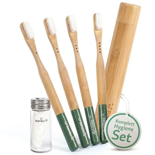 BAMBUNA Bambus Zahnbürsten 4er Set mittelweich - Nachhaltige Zahnpflege - Handzahnbürsten Set mit 4 mittelweichen Bambus-Zahnbürsten, veganer Zahnseide und Etui - plastikfrei und ideal für empfindliches Zahnfleisch.
