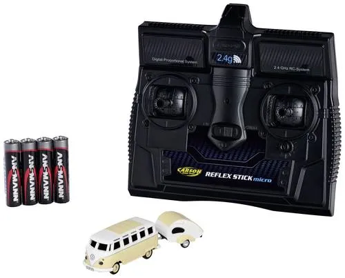 Carson Modellsport VW T1 SambaBus mit Wohnwagen 1:87 - RC-Modelle: Nostalgisches 1:87 Modell mit detailgetreuem Design, inkl. Fernsteuerung und Aufbewahrungsvitrine für sofortigen Fahrspaß.