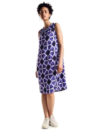 STREET ONE Damen A144094 Print Kleid ärmellos, Violet Blue, 36 - Freizeitkleid für Damen, knielang mit gerafftem Rundhals und Schlitz, aus softer Viskose-Qualität für höchsten Tragekomfort