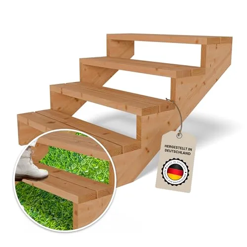 Gartenwelt Riegelsberger Terrassentreppe 4 Stufen Breite 95 cm aus Massivholz Lärche - 🪜 Die ideale Terrassentreppe für Höhenunterschiede zwischen Terrasse und Garten. Robuste Treppenwangen aus verleimtem Lärchenholz bieten Stabilität und Langlebigkeit. Komplett-Set mit allem nötigen Zubehör für einfache Montage.