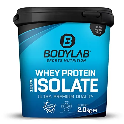 Whey Protein Isolate 2kg Himbeer Joghurt Bodylab24 - Molkenproteine mit 89% Eiweißgehalt, ideal für Muskelaufbau und Definition, frei von Aspartam und perfekt löslich in Milch oder Wasser.