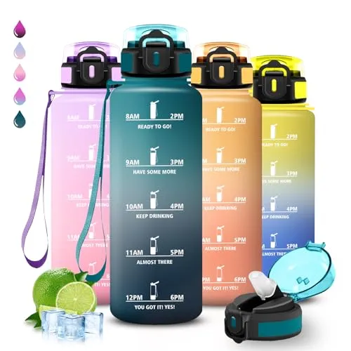 Trinkflasche Sport, Trinkflasche 1 5 liter, Wasserflasche mit Strohhalm, Leicht zu Reinigen, Wasserflasche Auslaufsicher, Kann mit dir Tragen, Flasche mit Zeitmarkierung, für Wandern, Yoga, Fitness