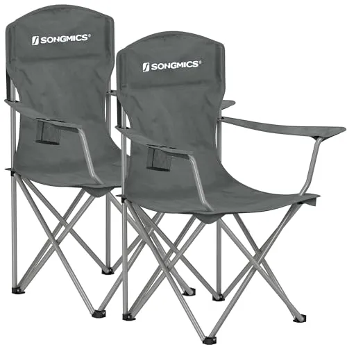 SONGMICS GCB008G01 2er Set Klappstuhl Outdoor Angelstuhl Hohe Rückenlehne Armlehnen Getränkehalter Klappbar bis 150kg Camping Garten Terrasse Schiefergrau