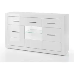 Furn.Design Sideboard Carrara - Elegante 3-türige Kommode in Hochglanz Weiß - Moderne Sideboards in Hochglanz Weiß, mit 2 Schubkästen und Vitrinenfächern. Pflegeleicht und perfekt für Ihr Wohn- oder Esszimmer. Beleuchtung bitte separat bestellen.