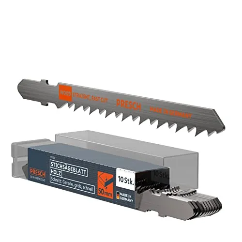 Presch Stichsägeblätter Holz 10 Stk. - Profi Set für schnelle, gerade Schnitte - Sägeblätter für Holz, extrem schneller Schnitt von 5-50mm, kompatibel mit gängigen Stichsägen. Made in Germany für höchste Qualität und langlebige Leistung.
