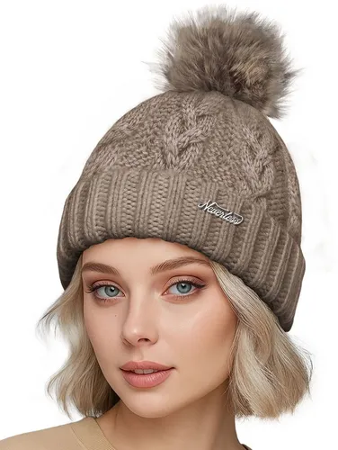 Neverless Strickmütze Damen Strickmütze Zopfstrickmuster Bommelmütze gefüttert mit Fleece