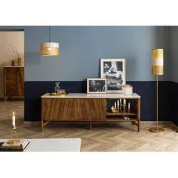 Massivmoebel24 Sideboard LOS ANGELES #06 aus Mango-Massivholz - Elegantes Sideboard aus braun geöltem Mango-Massivholz mit weißem Marmor, ideal für stilvolle Wohnräume. Bietet großzügigen Stauraum und edle goldene Griffmulden für einen Hauch von Luxus.