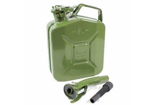 TRUTZHOLM 5L Benzinkanister - Robuster Metallkraftstoffkanister in Olivgrün - Kanister aus 0,8 mm starkem Metall, ideal für Benzin oder Diesel. Leicht und stabil mit breitem Entlüftungskanal und flexiblem Ausgießer für einfachen Transport.