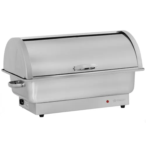Mahlzeit Elektrischer Edelstahl Chafing Dish 9L | Buffetwärmer mit Rolltop - Stövchen & Speisewärmer - Stilvoller 9 Liter Speisenwärmer mit Rolldeckel, ideal für Catering und Partys, hält Speisen bis 80°C warm.