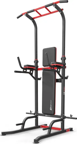 HOP SPORT Power Tower mit Klimmzugstange, Hantelbank & Dip-Station, Fitnessgerät für Zuhause, Calisthenics und Krafttraining, Freistehend, 150 kg