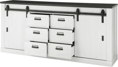 Sideboard Kommode SHELTON-61 in Pinie weiß Nb. mit anthrazit, B/H/T: ca. 201/91/43 cm