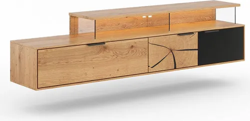 Lowboard Tirano 3-türig aus Massivholz, 200x39x52cm, Farbe wählbar - Modernes Lowboard Tirano aus geöltem Massivholz. Mit einzigartiger Holzmaserung, Soft-Close-Funktion und integrierter Beleuchtung. Ideal für Ihr Wohnzimmer – Lieferung im zusammengebauten Zustand.