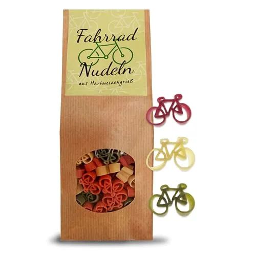 Fahrrad-Nudeln 225g – Lustige Pasta aus 100% Hartweizengrieß, Fahrradform | Nudeln in bunten Farben | Geschenk Fahrrad