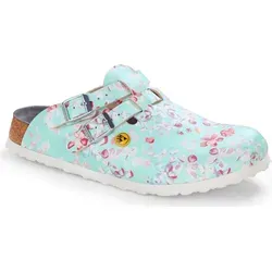 BIRKENSTOCK Damen Clogs Kay ESD - Flowers Fields Mint, Schmal EU 38 - Clogs für Damen mit ESD-Zertifizierung, anatomisch geformtem Kork-Veloursleder-Fußbett und individuell verstellbarer Dornschnalle für optimalen Tragekomfort.