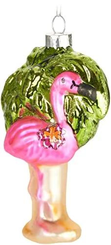 BRUBAKER Flamingo Pink mit Palme Weihnachtskugel aus Glas - Handbemalt und Mundgeblasen - Christbaumschmuck Lustig - Christbaumkugel Figuren Weihnachtsdeko Anhänger - Deko Baumkugel