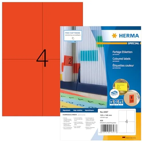 HERMA 4397 Farbige Etiketten rot, 100 Blatt, 105 x 148 mm, 4 pro A4 Bogen, 400 Stück, selbstklebend, bedruckbar, matt, blanko Papier Farbetiketten Aufkleber