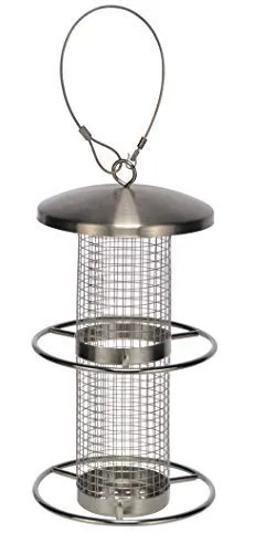 Spetebo Edelstahl Vogel Futterstation mit 2 Sitzringen - 27,5 x 14 cm - Vogel Futterhaus Futterstelle Futtersilo