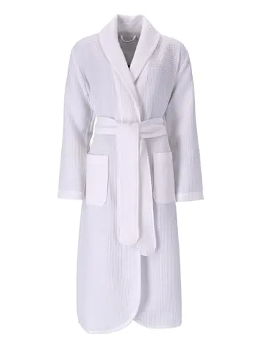 Vossen Damenbademantel Catania - Hochwertiger Hotelbademantel aus 100% Baumwolle im Waffelpiqué, ideal für Sauna & Spa, mit Schalkragen und Gürtel, Pflegeleicht und trocknergeeignet.