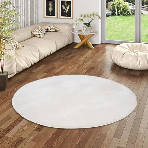 Snapstyle Hochflor Plüsch Shaggy Teppich für Wohnzimmer und Schlafzimmer Flauschig Luxus Feeling Mix Weiss Rund