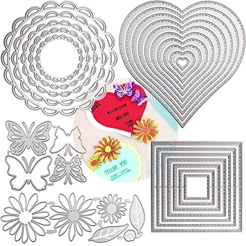 DailyTreasures 5 Formen Metall Stanzschablone Set, Scrapbooking Prägeschablonen Stanzschablone Geometrisch Set, Stanzschablone Herzform Rechteckig Kreis Blüten Schmetterling für Lehrertag Muttertag