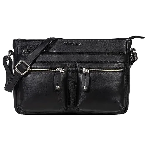 ROYALZ 'Dakota' Vintage Schultertasche Damen Leder kleine Umhängetasche Crossbody Bag - Umhänge Ledertasche Handtasche Damentasche Echt-Leder Elegant, Farbe:Schwarz