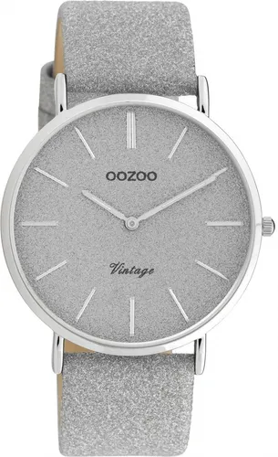 Oozoo Vintage Armbanduhr mit Glitzer Lederband 40 MM Silbergrau - Damen Armbanduhr mit elegantem Glitzer Lederband, Quarzwerk und stilvollem silbernem Gehäuse – perfekt für jeden Anlass.