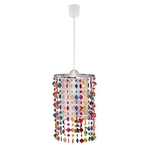 etc-shop Hängelampe Pendelleuchte Pendellampe Kinderleuchte Mädchen Spielzimmer, Metall Textil Kristalle bunt, 1x E27 Fassung, DxH 22,5x136cm