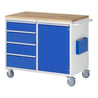Rau Werkstattwagen Serie 7000 – 450kg Tragkraft, 1 Schrank & 4 Schübe - Robuster Montagewagen mit Buche-Massiv-Arbeitsplatte, ideal für Werkstätten. Hohe Tragkraft von 450 kg und zentral abschließbar für Sicherheit.