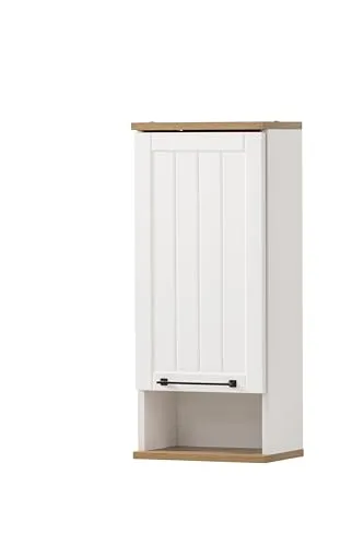 Hängeschrank Möbelpartner Jelda - stilvoller Stauraum für Ihr Bad - Badezimmerschrank in mattweiß und Eiche, ideal für platzsparende Aufbewahrung und modernen Landhausstil.